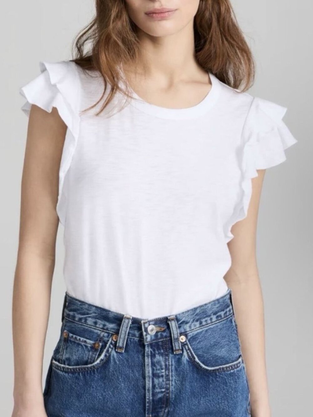 Veronica Beard Akeela Ruffle Sleeve White Tee Shirt Size Medium Pima Cotton NWOT